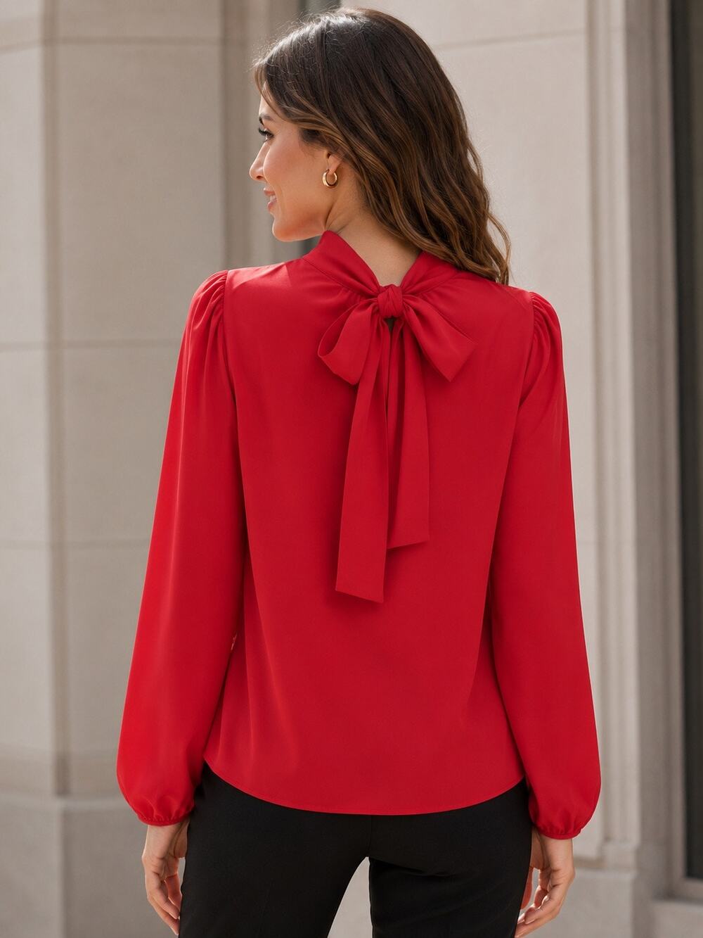 Prada Red Silk Back Tie Mock Neck Blouse IT 44 Ruched Shoulder Made in Italy